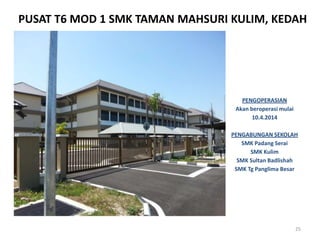 PUSAT T6 MOD 1 SMK TAMAN MAHSURI KULIM, KEDAH
25
PENGOPERASIAN
Akan beroperasi mulai
10.4.2014
PENGABUNGAN SEKOLAH
SMK Padang Serai
SMK Kulim
SMK Sultan Badlishah
SMK Tg Panglima Besar
 