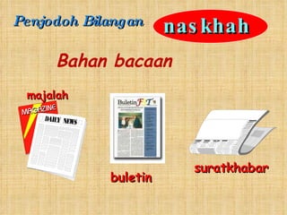 Bahan bacaan buletin Penjodoh Bilangan majalah suratkhabar naskhah 