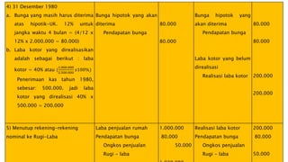 4) 31 Desember 1980
a. Bunga yang masih harus diterima
atas hipotik-UK. 12% untuk
jangka waktu 4 bulan = (4/12 x
12% x 2.000.000 = 80.000)
b. Laba kotor yang direalisasikan
adalah sebagai berikut : laba
kotor = 40% atau (
1.000.000
2.500.000
𝑥100%)
Penerimaan kas tahun 1980,
sebesar: 500.000. jadi laba
kotor yang direalisasi 40% x
500.000 = 200.000
Bunga hipotok yang akan
diterima
Pendapatan bunga
80.000
80.000
Bunga hipotok yang
akan diterima
Pendapatan bunga
Laba kotor yang belum
direalisasi
Realisasi laba kotor
80.000
80.000
200.000
200.000
5) Menutup rekening-rekening
nominal ke Rugi-Laba
Laba penjualan rumah
Pendapatan bunga
Ongkos penjualan
Rugi - laba
1.000.000
80.000
50.000
Realisasi laba kotor
Pendapatan bunga
Ongkos penjualan
Rugi - laba
200.000
80.000
50.000
 