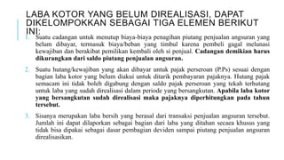 LABA KOTOR YANG BELUM DIREALISASI, DAPAT
DIKELOMPOKKAN SEBAGAI TIGA ELEMEN BERIKUT
INI:
1. Suatu cadangan untuk menutup biaya-biaya penagihan piutang penjualan angsuran yang
belum dibayar, termasuk biaya/beban yang timbul karena pembeli gagal melunasi
kewajiban dan berakibat pemilikan kembali oleh si penjual. Cadangan demikian harus
dikurangkan dari saldo piutang penjualan angsuran.
2. Suatu hutang/kewajiban yang akan dibayar untuk pajak perseroan (P.Ps) sesuai dengan
bagian laba kotor yang belum diakui untuk ditarik pembayaran pajaknya. Hutang pajak
semacam ini tidak boleh digabung dengan saldo pajak perseroan yang tekah terhutang
untuk laba yang sudah direalisasi dalam periode yang bersangkutan. Apabila laba kotor
yang bersangkutan sudah direalisasi maka pajaknya diperhitungkan pada tahun
tersebut.
3. Sisanya merupakan laba bersih yang berasal dari transaksi penjualan angsuran tersebut.
Jumlah ini dapat dilaporkan sebagai bagian dari laba yang ditahan secaea khusus yang
tidak bisa dipakai sebagai dasar pembagian deviden sampai piutang penjualan angsuran
direalisasikan.
 