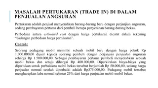 MASALAH PERTUKARAN (TRADE IN) DI DALAM
PENJUALAN ANGSURAN
Pertukaran adalah penjual menyerahkan barang-barang baru dengan perjanjian angsuran,
sedang pembayaran pertama dari pembeli berupa penyerahan barang-barang bekas.
Perbedaan antara estimated cost dengan harga pertukaran dicatat dalam rekening
“cadangan perbedaan harga pertukaran”.
Contoh:
Seorang pedagang mobil memiliki sebuah mobil baru dengan harga pokok Rp
1.000.000,00 dijual kepada seorang pembeli dengan perjanjian penjualan angsuran
seharga Rp 1.500.000,00. Sebagai pembayaran pertama pembeli menyerahkan sebuah
mobil bekas dan setuju dihargai Rp 400.000,00. Diperkirakan biaya-biaya yang
diperlukan untuk perbaiakna mobil bekas tersebut berjumlah Rp 50.000,00, sedang harga
penjualan normal setelah diperbaiki adalah Rp375.000,00. Pedagang mobil tersebut
mengharapkan laba normal sebesar 25% dari harga penjualan mobil-mobil bekas.
 