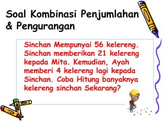 Soal Kombinasi Penjumlahan
& Pengurangan
Sinchan Mempunyai 56 kelereng.
Sinchan memberikan 21 kelereng
kepada Mita. Kemudian, Ayah
memberi 4 kelereng lagi kepada
Sinchan. Coba Hitung banyaknya
kelereng sinchan Sekarang?
 