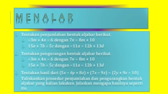 Penjumlahan Dan Pengurangan Bentuk Aljabar