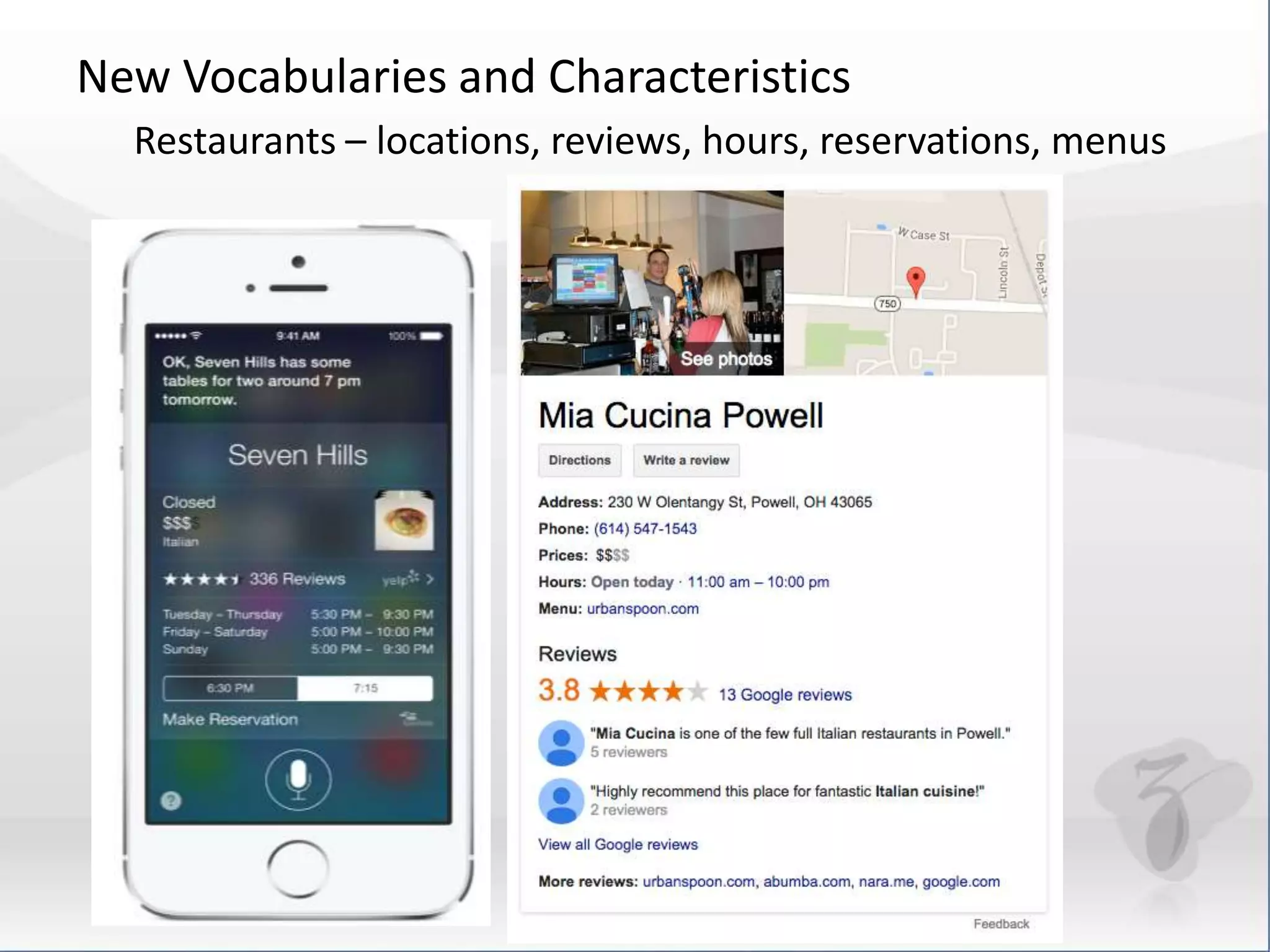 New Vocabularies and Characteristics 
Restaurants – locations, reviews, hours, reservations, menus 
 