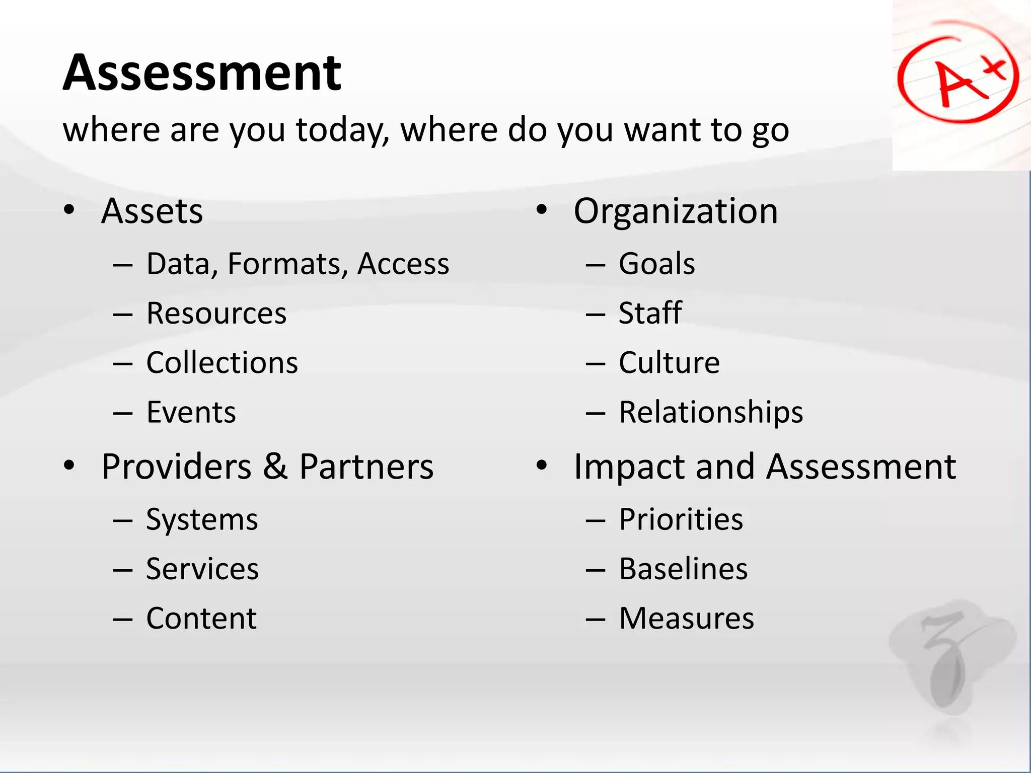 Assessment 
where are you today, where do you want to go 
• Assets 
– Data, Formats, Access 
– Resources 
– Collections 
– Events 
• Providers & Partners 
– Systems 
– Services 
– Content 
• Organization 
– Goals 
– Staff 
– Culture 
– Relationships 
• Impact and Assessment 
– Priorities 
– Baselines 
– Measures 
 