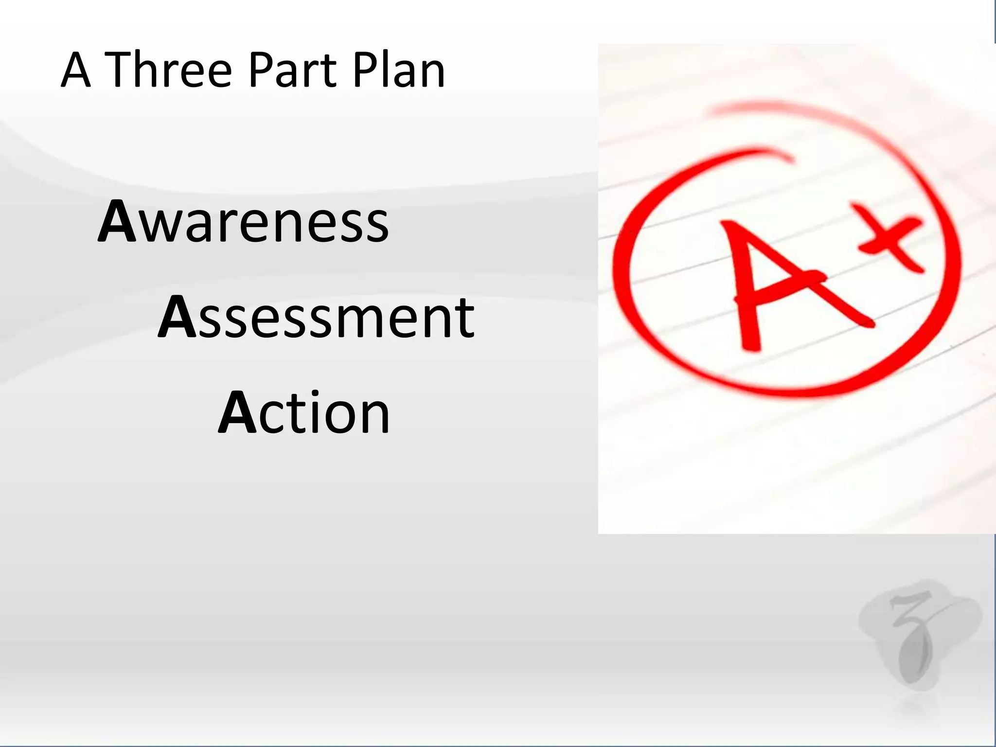 A Three Part Plan 
Awareness 
Assessment 
Action 
 