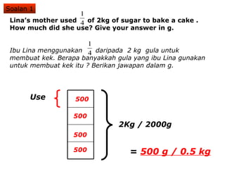 Lina’s mother used  of 2kg of sugar to bake a cake . How much did she use? Give your answer in g. Ibu Lina menggunakan  daripada  2 kg  gula untuk membuat kek. Berapa banyakkah gula yang ibu Lina gunakan untuk membuat kek itu ? Berikan jawapan dalam g. Soalan 1 2Kg / 2000g 500 500 500 500 Use =  500 g / 0.5 kg 