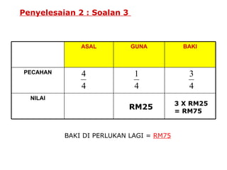 Penyelesaian 2 : Soalan 3  RM25 3 X RM25 = RM75 BAKI DI PERLUKAN LAGI =  RM75 ASAL GUNA BAKI PECAHAN NILAI 