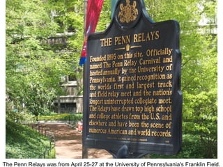 The Penn Relays was from April 25-27 at the University of Pennsylvania's Franklin Field.
 