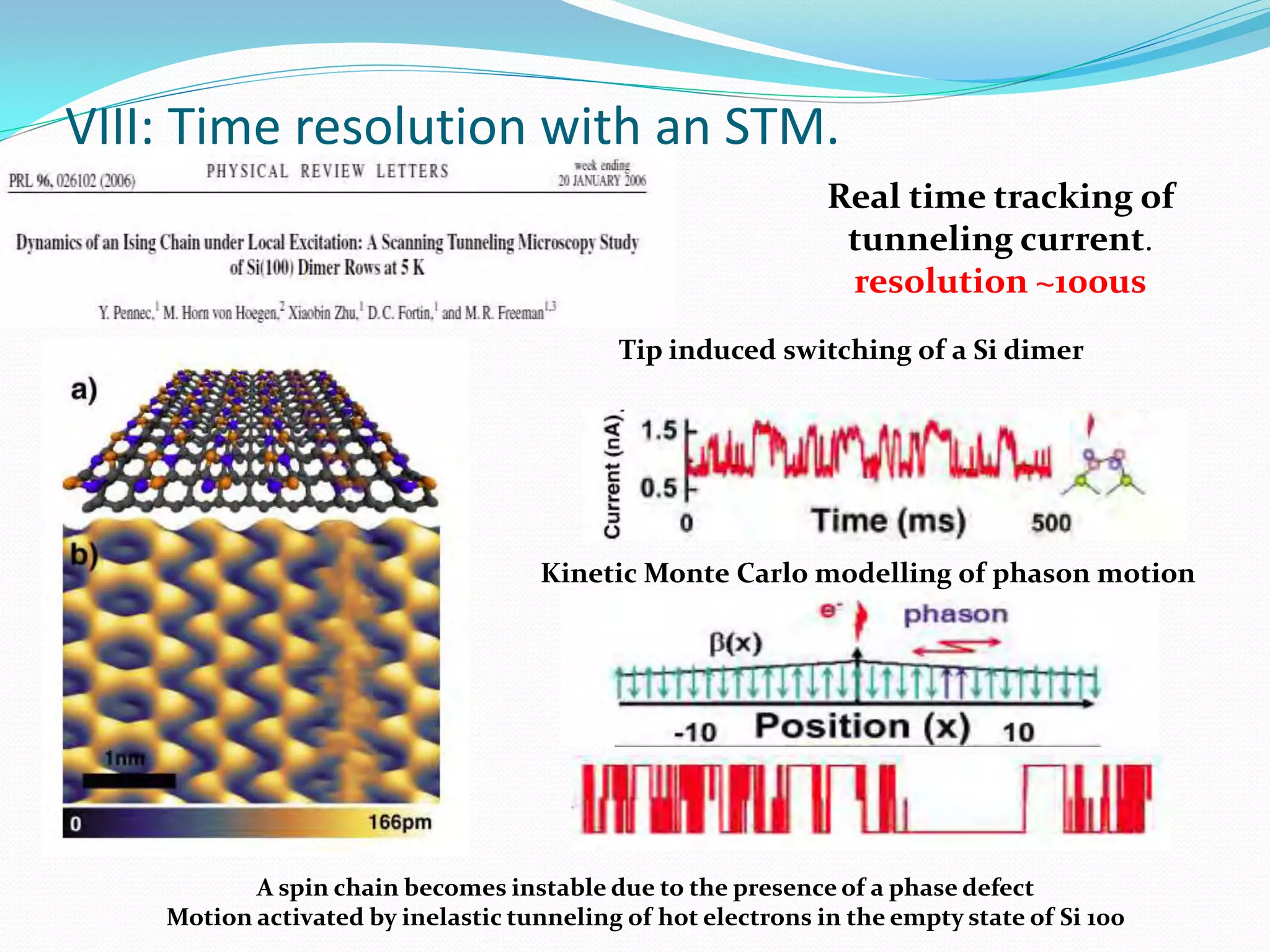 VIII: Time resolution with an STM.
                                                              Real time tracking of
                                                               tunneling current.
                                                               resolution ~100us
                                            Tip induced switching of a Si dimer




                                     Kinetic Monte Carlo modelling of phason motion




           A spin chain becomes instable due to the presence of a phase defect
    Motion activated by inelastic tunneling of hot electrons in the empty state of Si 100
 