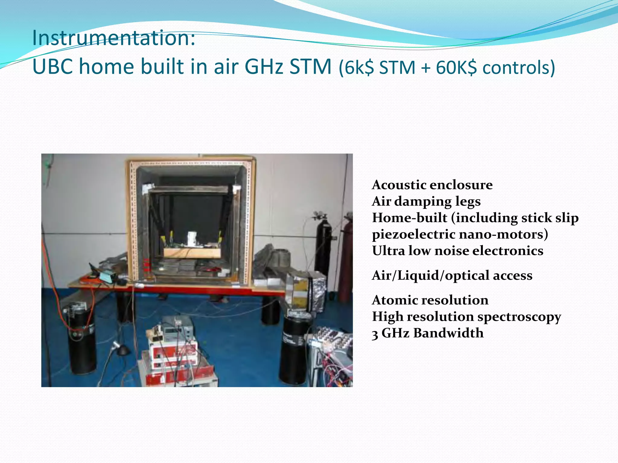 Instrumentation:
UBC home built in air GHz STM (6k$ STM + 60K$ controls)



                                   Acoustic enclosure
                                   Air damping legs
                                   Home-built (including stick slip
                                   piezoelectric nano-motors)
                                   Ultra low noise electronics
                                   Air/Liquid/optical access
                                   Atomic resolution
                                   High resolution spectroscopy
                                   3 GHz Bandwidth
 