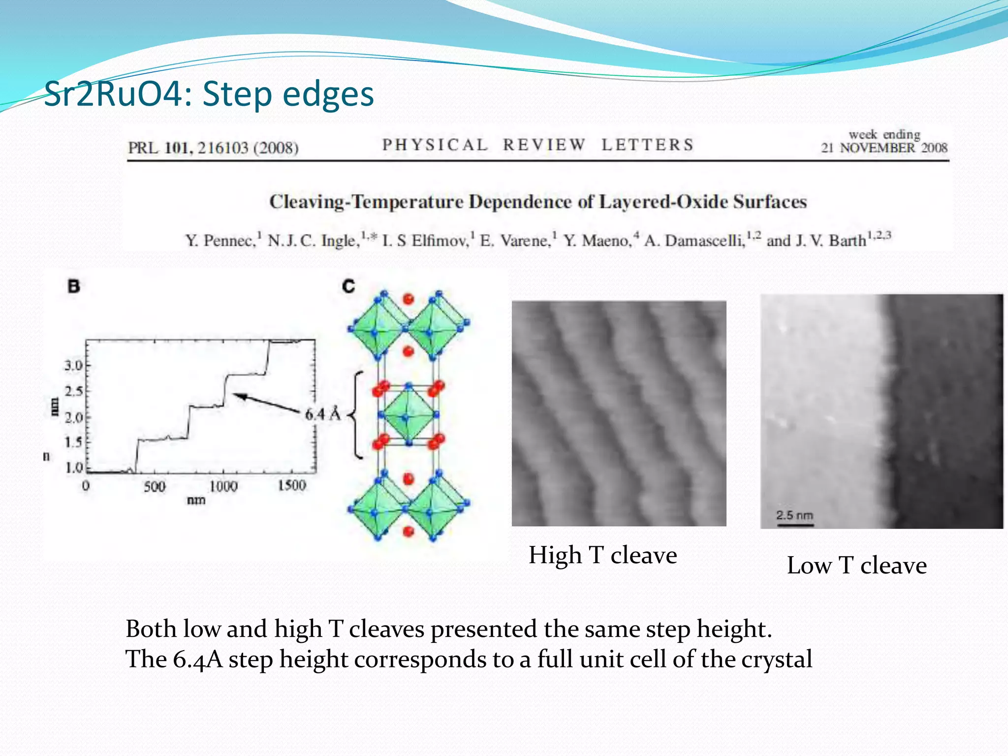 Sr2RuO4: Step edges




                                           High T cleave            Low T cleave

    Both low and high T cleaves presented the same step height.
    The 6.4A step height corresponds to a full unit cell of the crystal
 