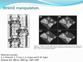 XtremE manipulation.




Molecule Cascades
A. J. Heinrich, C. P. Lutz, J. A. Gupta and D. M. Eigler
Science Vol. 298 no. 5597 pp. 1381-1387
 