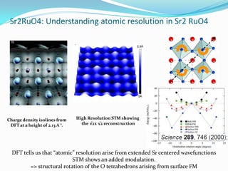 Sr2RuO4: Understanding atomic resolution in Sr2 RuO4




Charge density isolines from    High Resolution STM showing
 DFT at a height of 2.13 A °.     the √2x √2 reconstruction




  DFT tells us that “atomic” resolution arise from extended Sr centered wavefunctions
                           STM shows an added modulation.
         => structural rotation of the O tetrahedrons arising from surface FM
 