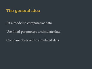 The general idea
Fit a model to comparative data
Use fitted parameters to simulate data
Compare observed to simulated data
 