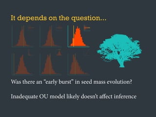 It depends on the question...
Was there an “early burst” in seed mass evolution?
Inadequate OU model likely doesn’t aﬀect inference
}
●
●
●
●
●
●
●
●
●
●
●
●●
●
●
●
●
●
●● ●
●
●
●
●
●●
●
●
●
●
●
●
●
●
●
●
●
●
●
●
●
●
●
●
●
●
●
●
●
●
●
●
●
●
●
●
●
●
●
●
●
●
●
●
●
●
●
●
●
●
●
●
●
●
●
●
●
●
●
●
●●
●
●
●●
●
●
●
●
●
●
●
●
●
●
●
●
●
●
●
●
●
●
●
●
●
●
●
●
●
●
●
●
●
●
●
● ●
●
●
●
●
●
●
●
●●
●
●
●
●
●
●
●
●
● ●
●
●
●
●
●
●
●
●
●
●
●
●
●
●
●
●
●
●
●
●
●
●
●
●●
●
●
●
●
●
●
●
●
● ●
●
●
●
●
●
●
●
●
●
●
●●
●
●
●
●
●
●
●
●
●
●●
●
●
●
●
●
●
●
●
●
●
●
●
●
●●
●
●
●
●
●
●● ●
●
●
●
●
●●
●
●
●
●
●
●
●
●
●
●
●
●
●
●
●
●
●
●
●
●
●
●
●
●
●
●
●
●
●
●
●
●
●
●
●
●
●
●
●
●
●
●
●
●
●
●
●
●
●
●
●
●
●
●
● ●
●
●
●●
●
●
●
●
●
●
●
●
●
●
●
●
●
●
●
●
●
●
●
●
●
●
●
●
●
●
●
●
●
●
●
● ●
●
●
●
●
●
●
●
●●
●
●
●
●
●
●
●
●
●●
●
●
●
●
●
●
●
●
●
●
●
●
●
●
●
●
●
●
●
●
●
●
●
●●
●
●
●
●
●
●
●
●
●●
●
●
●
●
●
●
●
●
●
●
●●
●
●
●
●
●
●
●
●
●
● ●
●
●
●
●
●
●
●
●
●
●
●
●
●
●●
●
●
●
●
●
●● ●
●
●
●
●
●●
●
●
●
●
●
●
●
●
●
●
●
●
●
●
●
●
●
●
●
●
●
●
●
●
●
●
●
●
●
●
●
●
●
●
●
●
●
●
●
●
●
●
●
●
●
●
●
●
●
●
●
●
●
●
●●
●
●
●●
●
●
●
●
●
●
●
●
●
●
●
●
●
●
●
●
●
●
●
●
●
●
●
●
●
●
●
●
●
●
●
● ●
●
●
●
●
●
●
●
●●
●
●
●
●
●
●
●
●
● ●
●
●
●
●
●
●
●
●
●
●
●
●
●
●
●
●
●
●
●
●
●
●
●
●●
●
●
●
●
●
●
●
●
● ●
●
●
●
●
●
●
●
●
●
●
●●
●
●
●
●
●
●
●
●
●
●●
●
●
 