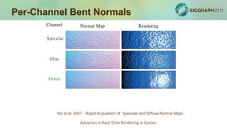 Per-Channel Bent Normals




         Ma et al. 2007 - Rapid Acquisition of Specular and Diffuse Normal Maps

                     Advances in Real-Time Rendering in Games
 