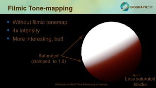Filmic Tone-mapping

 Without filmic tonemap
 4x intensity
 More interesting, but!

             Saturated
         (clamped to 1.0)


                                                               Less saturated
                    Advances in Real-Time Rendering in Games      blacks
 