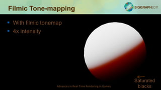 Filmic Tone-mapping

 With filmic tonemap
 4x intensity




                                                              Saturated
                   Advances in Real-Time Rendering in Games    blacks
 