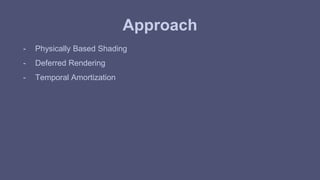 Approach 
- Physically Based Shading 
- Deferred Rendering 
- Temporal Amortization 
 