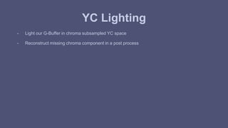 YC Lighting 
- Light our G-Buffer in chroma subsampled YC space 
- Reconstruct missing chroma component in a post process 
 