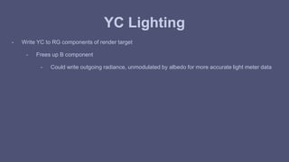 YC Lighting 
- Write YC to RG components of render target 
- Frees up B component 
- Could write outgoing radiance, unmodulated by albedo for more accurate light meter data 
 