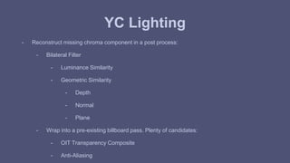 YC Lighting 
- Reconstruct missing chroma component in a post process: 
- Bilateral Filter 
- Luminance Similarity 
- Geometric Similarity 
- Depth 
- Normal 
- Plane 
- Wrap into a pre-existing billboard pass. Plenty of candidates: 
- OIT Transparency Composite 
- Anti-Aliasing 
 