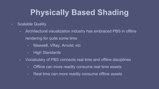 Physically Based Shading 
- Scalable Quality 
- Architectural visualization industry has embraced PBS in offline 
rendering for quite some time 
- Maxwell, VRay, Arnold, etc 
- High Standards 
- Vocabulary of PBS connects real time and offline disciplines 
- Offline can more readily consume real time assets 
- Real time can more readily consume offline assets 
 