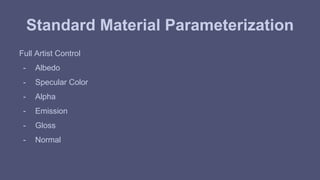 Standard Material Parameterization 
Full Artist Control 
- Albedo 
- Specular Color 
- Alpha 
- Emission 
- Gloss 
- Normal 
 