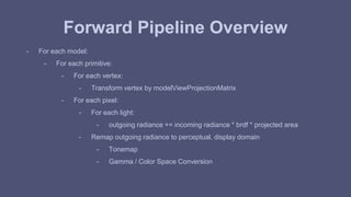 Forward Pipeline Overview 
- For each model: 
- For each primitive: 
- For each vertex: 
- Transform vertex by modelViewProjectionMatrix 
- For each pixel: 
- For each light: 
- outgoing radiance += incoming radiance * brdf * projected area 
- Remap outgoing radiance to perceptual, display domain 
- Tonemap 
- Gamma / Color Space Conversion 
 