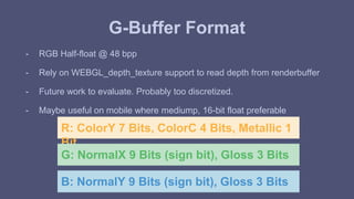 G-Buffer Format 
- RGB Half-float @ 48 bpp 
- Rely on WEBGL_depth_texture support to read depth from renderbuffer 
- Future work to evaluate. Probably too discretized. 
- Maybe useful on mobile where mediump, 16-bit float preferable 
R: ColorY 7 Bits, ColorC 4 Bits, Metallic 1 
Bit 
G: NormalX 9 Bits (sign bit), Gloss 3 Bits 
B: NormalY 9 Bits (sign bit), Gloss 3 Bits 
 