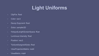 Light Uniforms 
- ClipFar: float 
- Color: vec3 
- Decay Exponent: float 
- Gobo: sampler2D 
- HotspotLengthScreenSpace: float 
- Luminous Intensity: float 
- Position: vec3 
- TextureAssignedGobo: float 
- ViewProjectionMatrix: mat4 
- ViewMatrix: mat4 
 