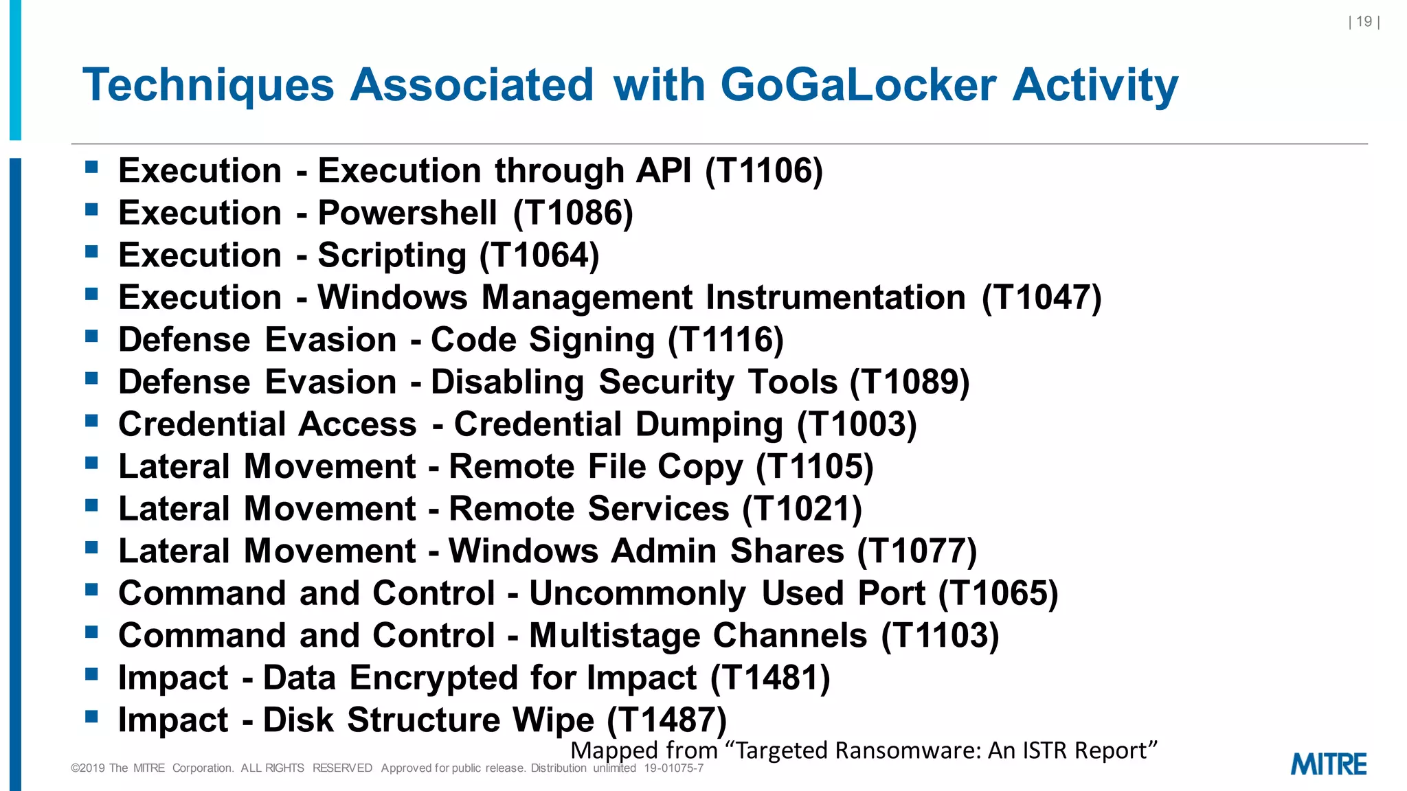 Techniques Associated with GoGaLocker Activity
▪ Execution - Execution through API (T1106)
▪ Execution - Powershell (T1086)
▪ Execution - Scripting (T1064)
▪ Execution - Windows Management Instrumentation (T1047)
▪ Defense Evasion - Code Signing (T1116)
▪ Defense Evasion - Disabling Security Tools (T1089)
▪ Credential Access - Credential Dumping (T1003)
▪ Lateral Movement - Remote File Copy (T1105)
▪ Lateral Movement - Remote Services (T1021)
▪ Lateral Movement - Windows Admin Shares (T1077)
▪ Command and Control - Uncommonly Used Port (T1065)
▪ Command and Control - Multistage Channels (T1103)
▪ Impact - Data Encrypted for Impact (T1481)
▪ Impact - Disk Structure Wipe (T1487)
©2019 The MITRE Corporation. ALL RIGHTS RESERVED Approved for public release. Distribution unlimited 19-01075-7
| 19 |
Mapped from “Targeted Ransomware: An ISTR Report”
 