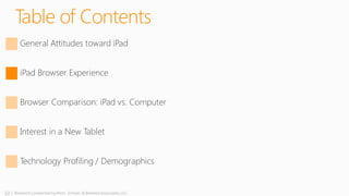 10 | Research conducted by Penn, Schoen & Berland Associates, LLC
Table of Contents
General Attitudes toward iPad
iPad Browser Experience
Browser Comparison: iPad vs. Computer
Interest in a New Tablet
Technology Profiling / Demographics
 