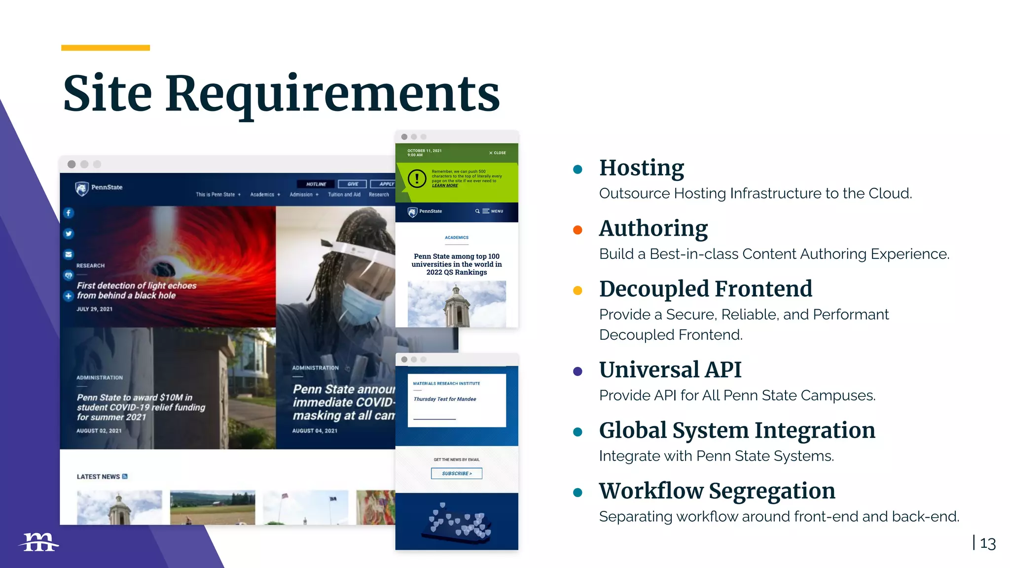 | 13
Site Requirements
● Hosting
Outsource Hosting Infrastructure to the Cloud.
● Authoring
Build a Best-in-class Content Authoring Experience.
● Decoupled Frontend
Provide a Secure, Reliable, and Performant
Decoupled Frontend.
● Universal API
Provide API for All Penn State Campuses.
● Global System Integration
Integrate with Penn State Systems.
● Workﬂow Segregation
Separating workﬂow around front-end and back-end.
 