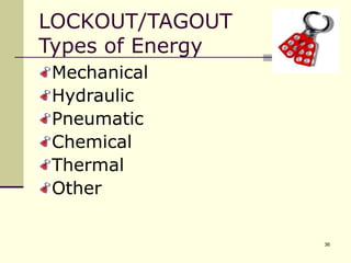 36
LOCKOUT/TAGOUT
Types of Energy
Mechanical
Hydraulic
Pneumatic
Chemical
Thermal
Other
 