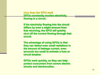 40
How does the GFCI work
GFCIs constantly monitor electricity
flowing in a circuit.
If the electricity flowing into the circuit
differs by even a slight amount from
that returning, the GFCI will quickly
shut off the current flowing through that
circuit.
The advantage of using GFCIs is that
they can detect even small variations in
the amount of leakage current, even
amounts too small to activate a fuse or
circuit breaker.
GFCIs work quickly, so they can help
protect consumers from severe electric
shocks and electrocution.
 