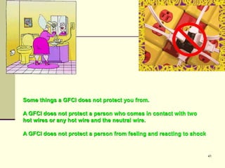41
Some things a GFCI does not protect you from.
A GFCI does not protect a person who comes in contact with two
hot wires or any hot wire and the neutral wire.
A GFCI does not protect a person from feeling and reacting to shock
 