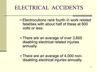 9
ELECTRICAL ACCIDENTS
 Electrocutions rank fourth in work related
fatalities with about half of these at 600
volts or less.
 There are an average of over 3,600
disabling electrical related injuries
annually.
 There are an average of 4,000 non-
disabling electrical injuries annually.
 