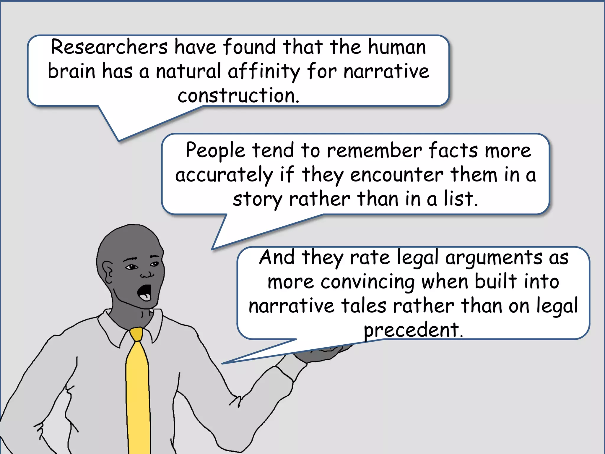 Researchers have found that the human
brain has a natural affinity for narrative
construction.
People tend to remember facts more
accurately if they encounter them in a
story rather than in a list.
And they rate legal arguments as
more convincing when built into
narrative tales rather than on legal
precedent.
 