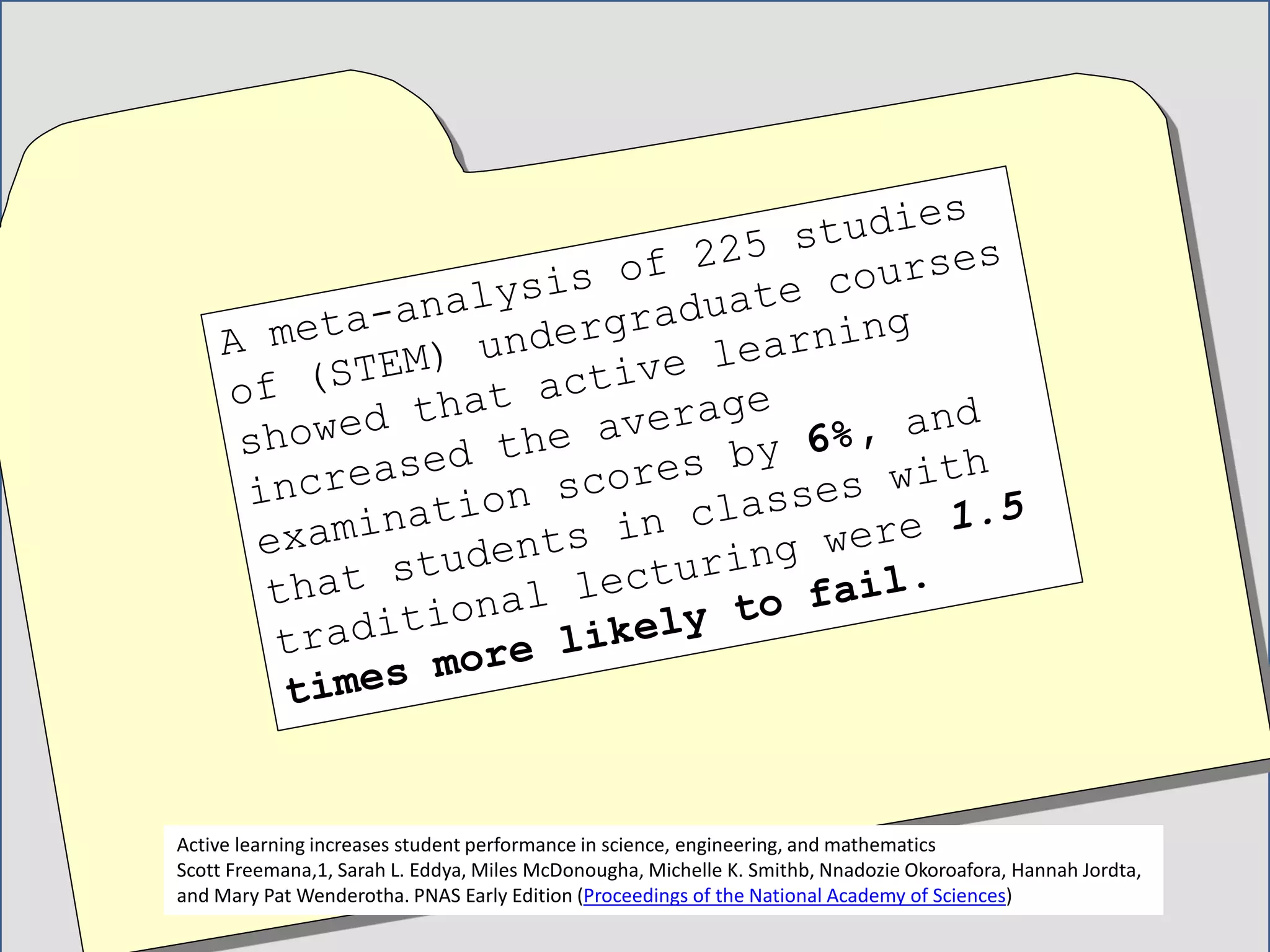 Active learning increases student performance in science, engineering, and mathematics
Scott Freemana,1, Sarah L. Eddya, Miles McDonougha, Michelle K. Smithb, Nnadozie Okoroafora, Hannah Jordta,
and Mary Pat Wenderotha. PNAS Early Edition (Proceedings of the National Academy of Sciences)
 