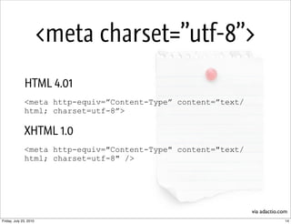 <meta charset=”utf-8”>
              HTML 4.01
              <meta http-equiv=”Content-Type” content=”text/
              ...