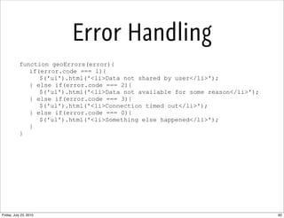 Error Handling
           function geoErrors(error){
              if(error.code === 1){
                 $('ul').html('<l...