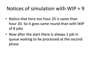 Notices of simulation with WIP = 9
• Notice that here too hour 25 is same than
hour 20. So it goes same round than with WIP
of 8 jobs
• Now after the start there is always 1 job in
queue waiting to be processed at the second
phase
 