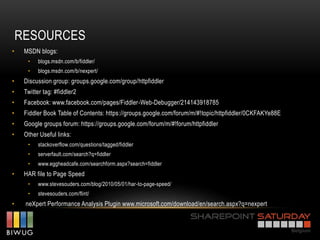 RESOURCES
•    MSDN blogs:
      •   blogs.msdn.com/b/fiddler/
      •   blogs.msdn.com/b/nexpert/
•    Discussion group: groups.google.com/group/httpfiddler
•    Twitter tag: #fiddler2
•    Facebook: www.facebook.com/pages/Fiddler-Web-Debugger/214143918785
•    Fiddler Book Table of Contents: https://groups.google.com/forum/m/#!topic/httpfiddler/0CKFAKYe88E
•    Google groups forum: https://groups.google.com/forum/m/#!forum/httpfiddler
•    Other Useful links:
      •   stackoverflow.com/questions/tagged/fiddler
      •   serverfault.com/search?q=fiddler
      •   www.eggheadcafe.com/searchform.aspx?search=fiddler
•    HAR file to Page Speed
      •   www.stevesouders.com/blog/2010/05/01/har-to-page-speed/
      •   stevesouders.com/flint/
•    neXpert Performance Analysis Plugin www.microsoft.com/download/en/search.aspx?q=nexpert
 