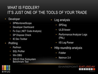 WHAT IS FIDDLER?
  IT’S JUST ONE OF THE TOOLS OF YOUR TRADE
• Developer                         • Log analysis
    • SPMonitoredScope
                                       • SPDiag
    • Developer Dashboard
    • Fx Cop (.NET Code Analysis)      • ULSViewer
    • SP Dispose Check                 • Performance Analyzer Logs
    • IE Dev Toolbar                     (PAL)
• Profiling                            • IIS Log Parser
    • Perfmon                       • Http roundtrip analysis
    • SQL Profiler
                                       • Fiddler
    • Win DBG
                                       • Netmon 3.4
    • SQLIO Disk Subsystem
      Benchmark Tool
 