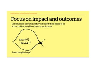 Focus on impact and outcomes
Implications, opportunities, questions
Avoid ‘insights bulge’
Communities and whānau have inv...