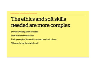 The ethics and soft skills
needed are more complex
Implications, opportunities, questions
People working close to home
New...