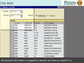 TAX MAP  All account information is mapped to specific tax lines to create K-1s. 