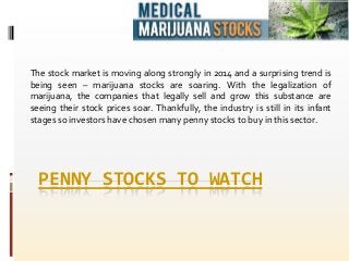PENNY STOCKS TO WATCH
The stock market is moving along strongly in 2014 and a surprising trend is
being seen – marijuana stocks are soaring. With the legalization of
marijuana, the companies that legally sell and grow this substance are
seeing their stock prices soar. Thankfully, the industry is still in its infant
stages so investors have chosen many penny stocks to buy in this sector.
 